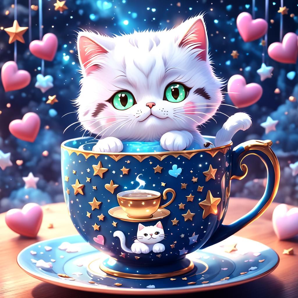 Adorable Cat in Teacup: Kawaii Style Digital Art