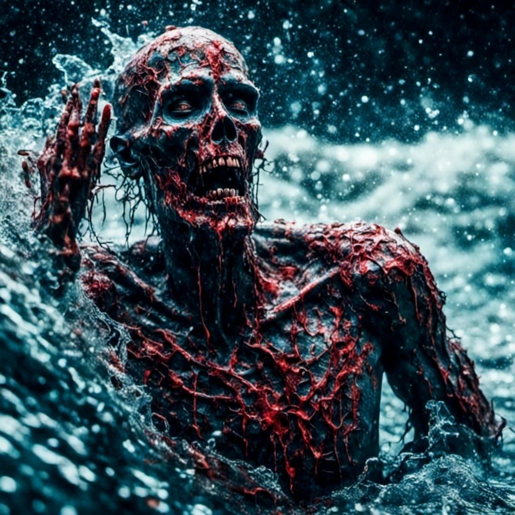 Surfing Zombie on Bloody Wave in Hyperreal Style