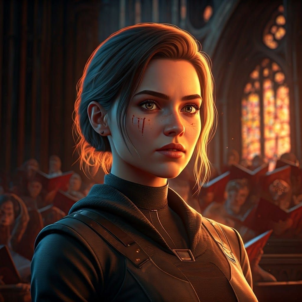 Resolute Woman in Choir Room: Hyperrealistic Portrait