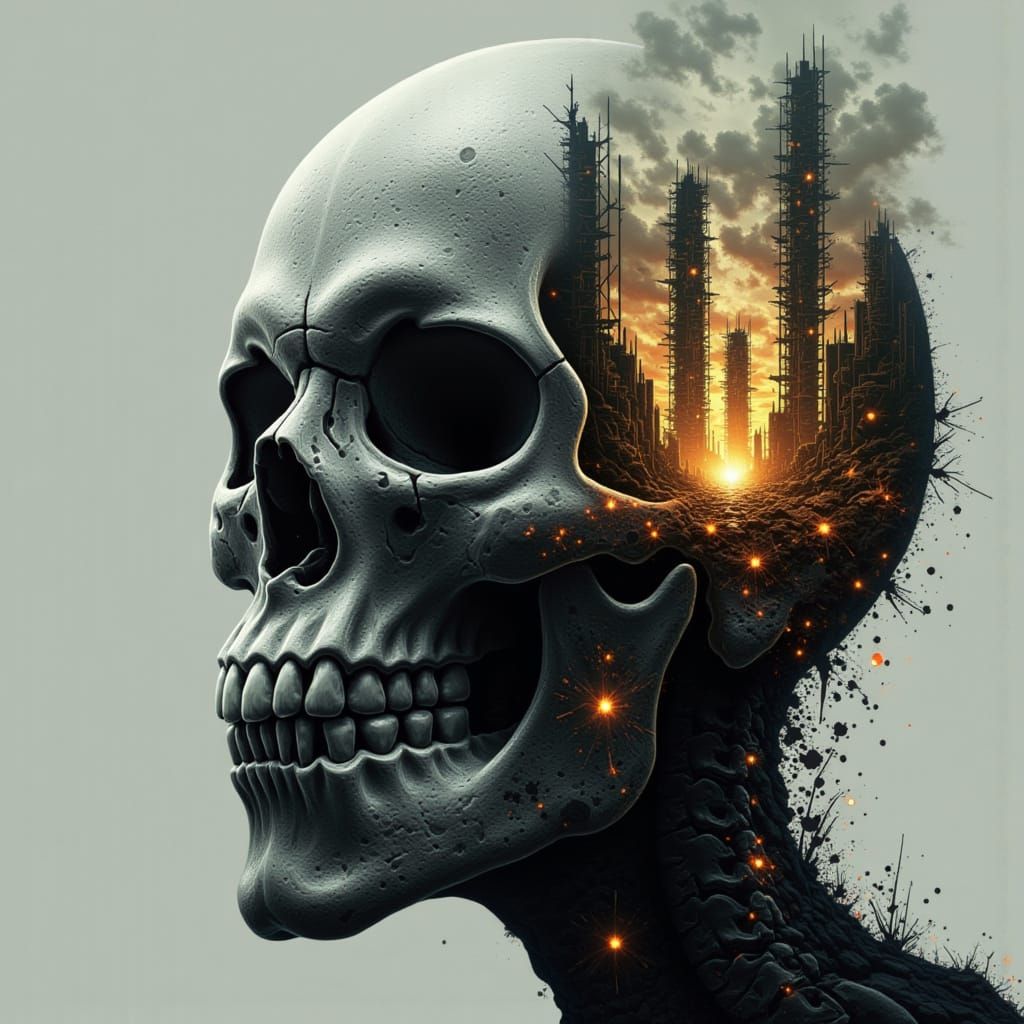 X-Ray Skull with Dystopian Cityscape, Digital Art