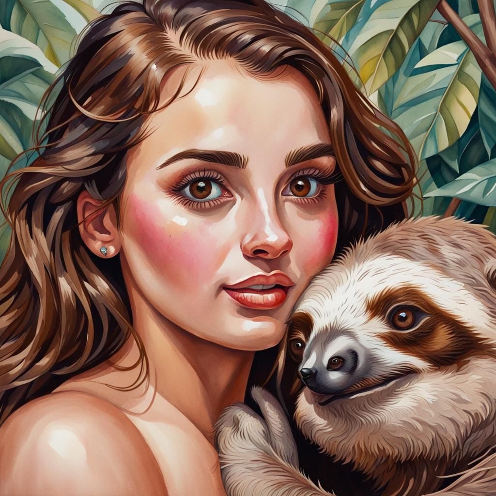 Woman Hugging Sloth: Watercolor Gouache Painting