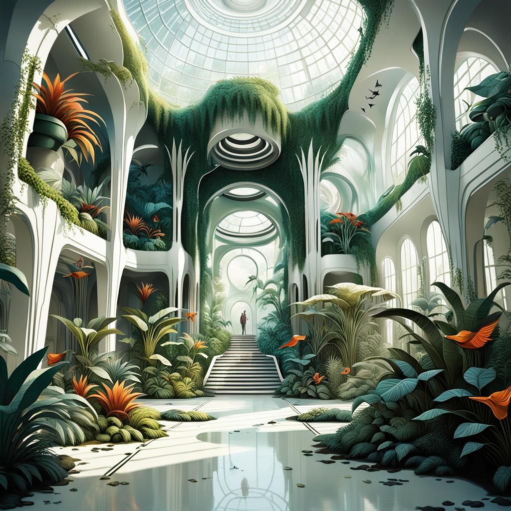 Afrofuturistic Atrium with Plants and Birds