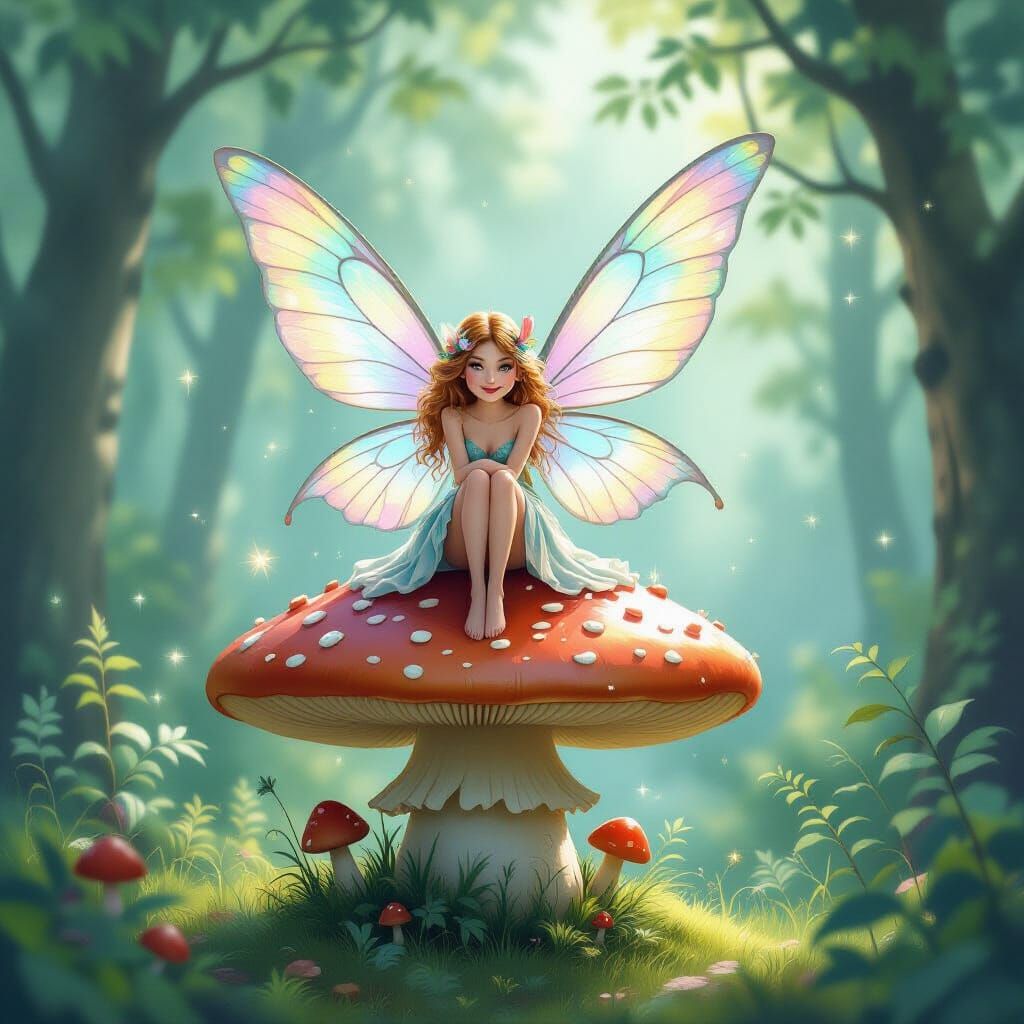 Whimsical Fairy on Mushroom in Enchanted Forest