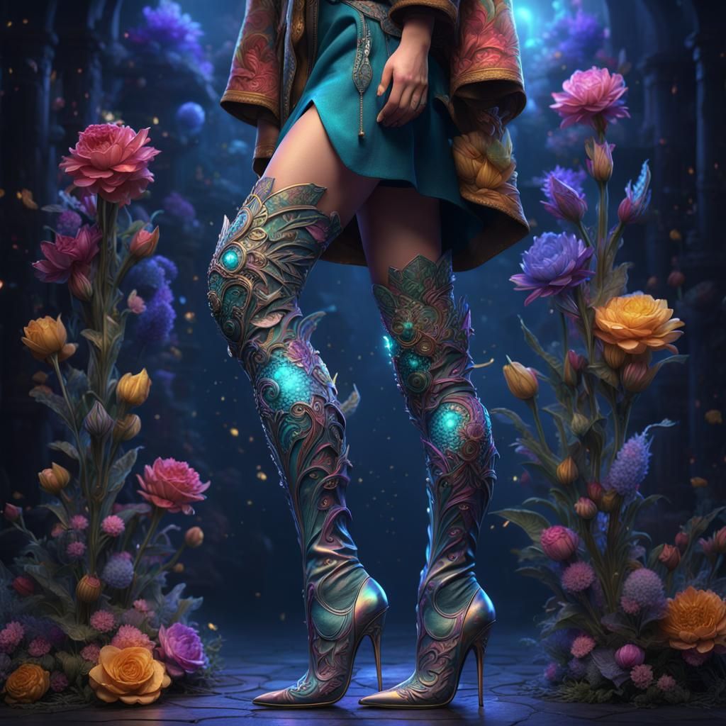 Dreamy Iridescent Thigh High Boots with Tattoos