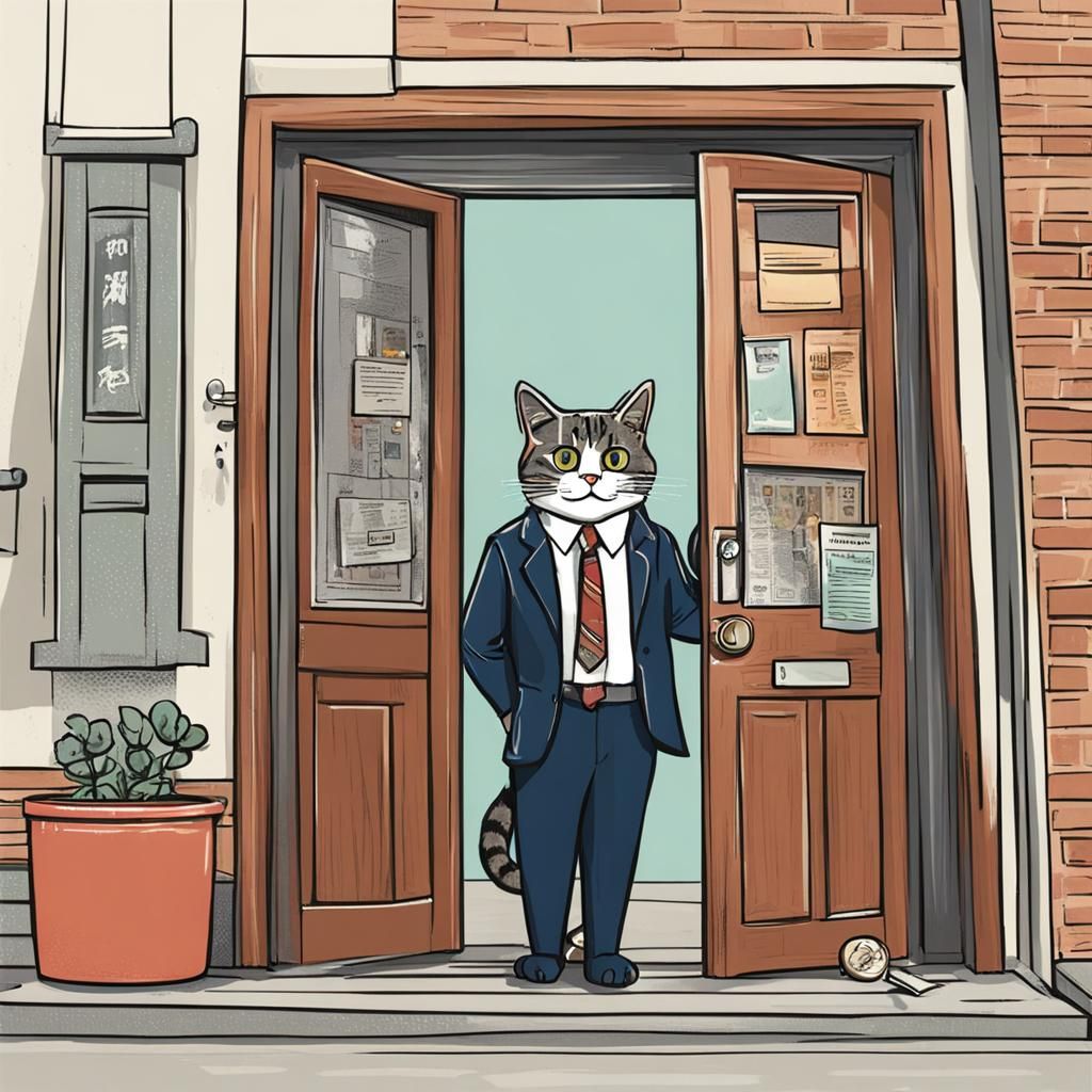 Door Salesman Cat Ready for Work