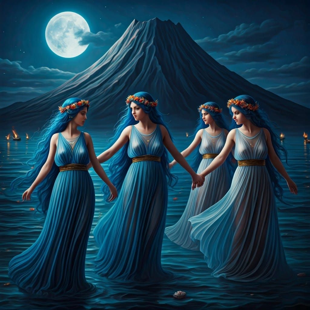 Water Nymphs Dance under Mount Olympus, in Surrealist Style