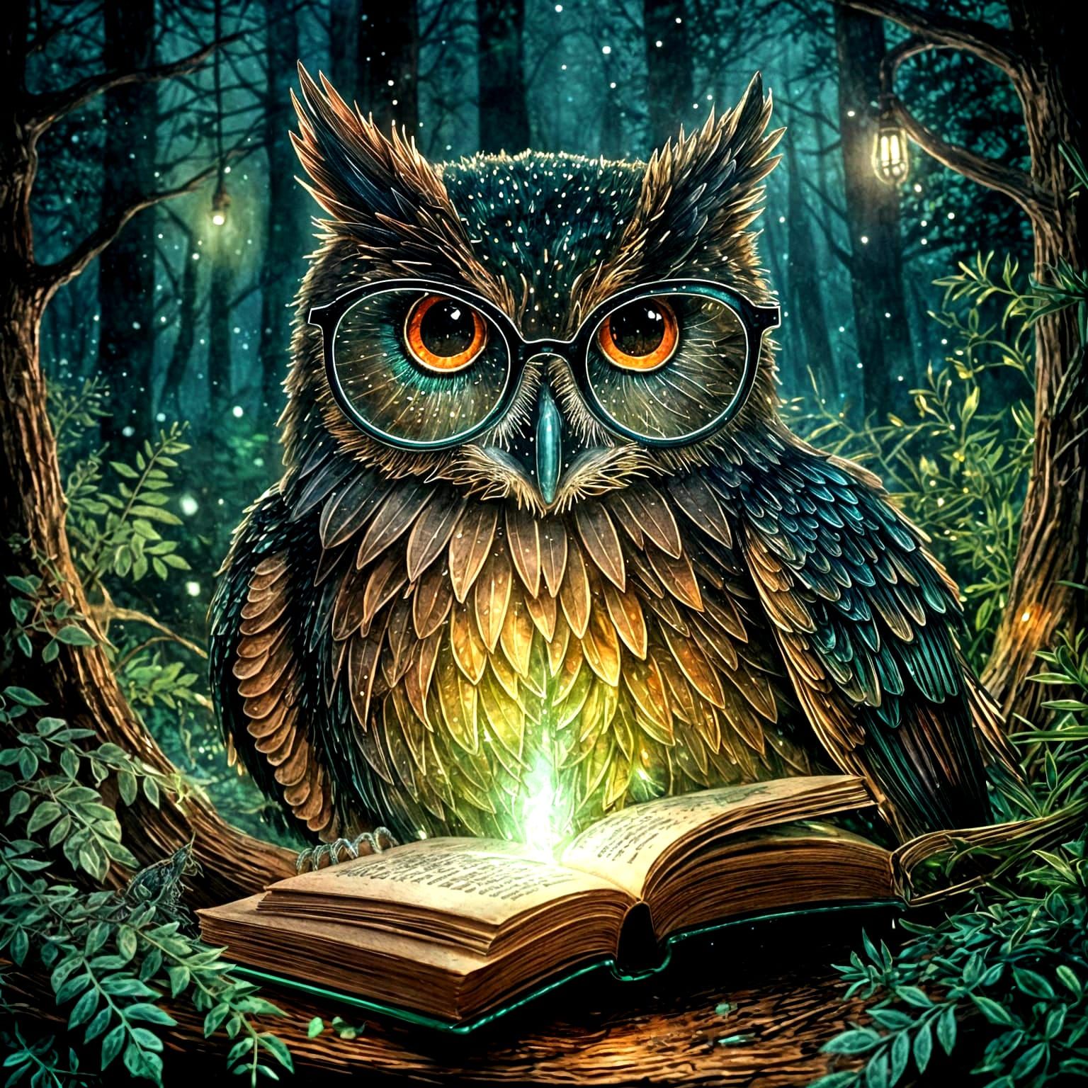 Cute Wise Owl Reads Book in Watercolor Forest