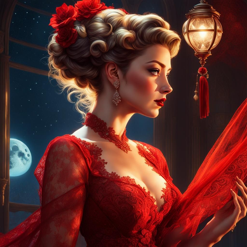 Glamorous Bride in Red Lace, Pin-Up Style Digital Art