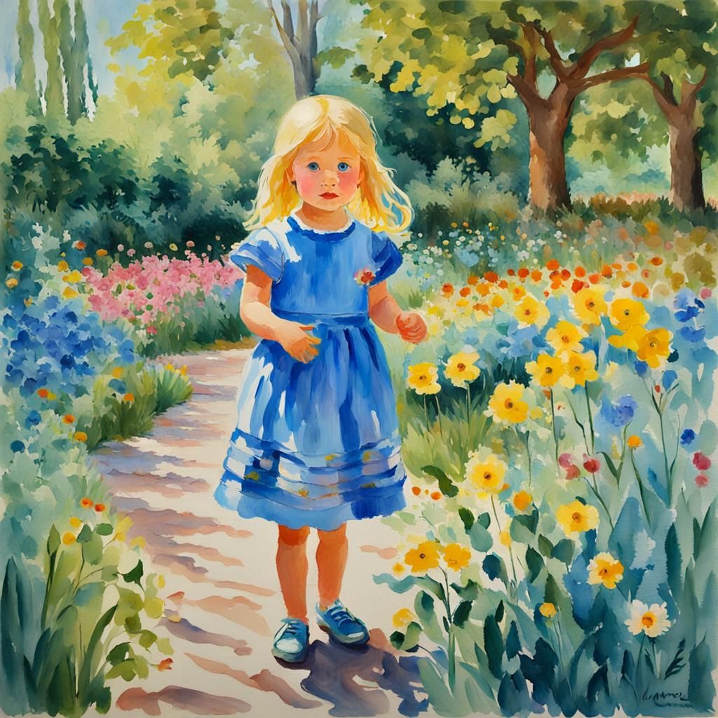 Giverny Garden Scene: Impressionist Watercolor of Girl