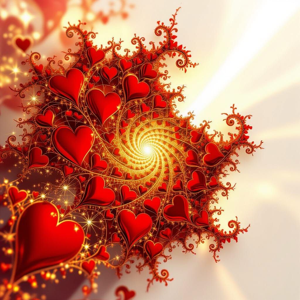 Majestic Fractal Hearts in Red and Gold