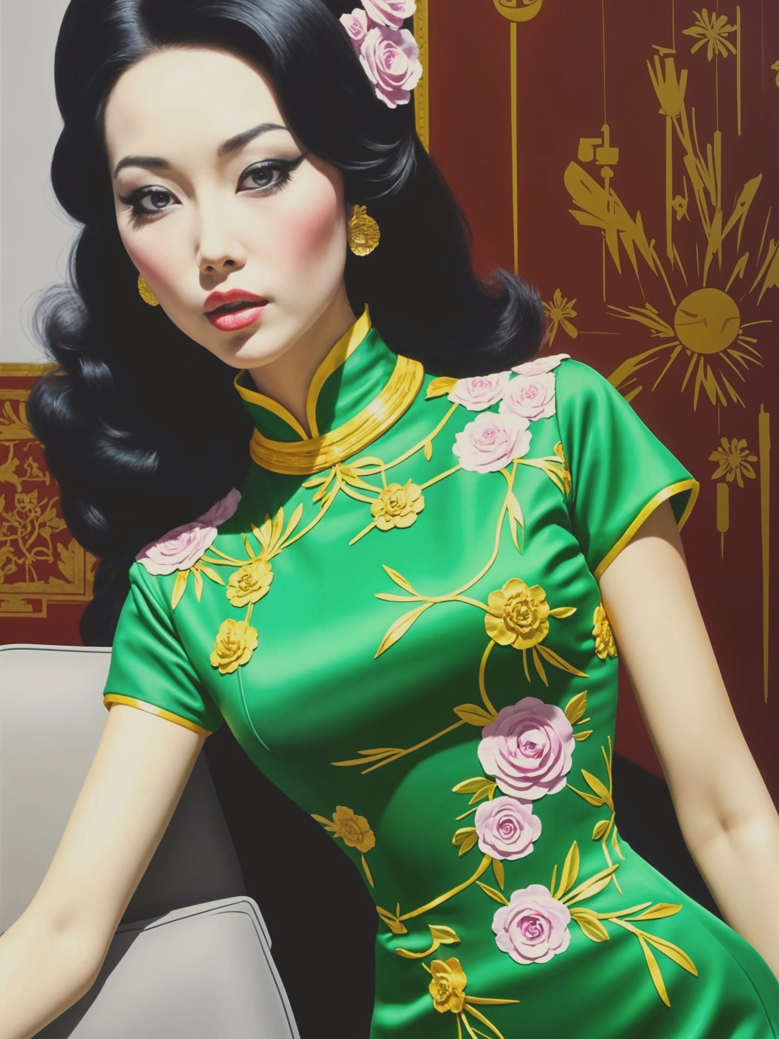 Elegant Chinese Woman in Detailed Green Qipao