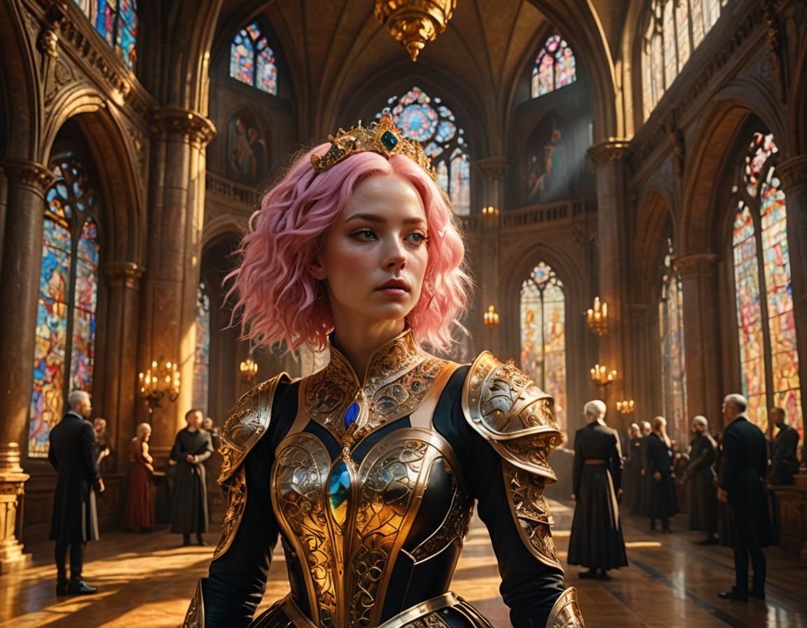 Pink-Haired Woman's Knighthood in Hyper-Realistic Style