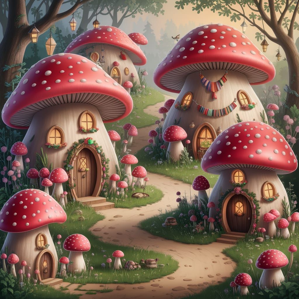 Whimsical Mushroom Village in Enchanted Forest