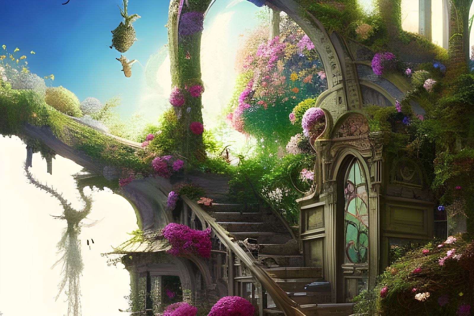 Ornate Staircase to Heaven with Flowers