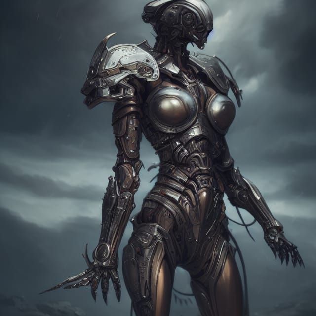 Biomechanical Warrior in Stormy Battlefield, Digital Art