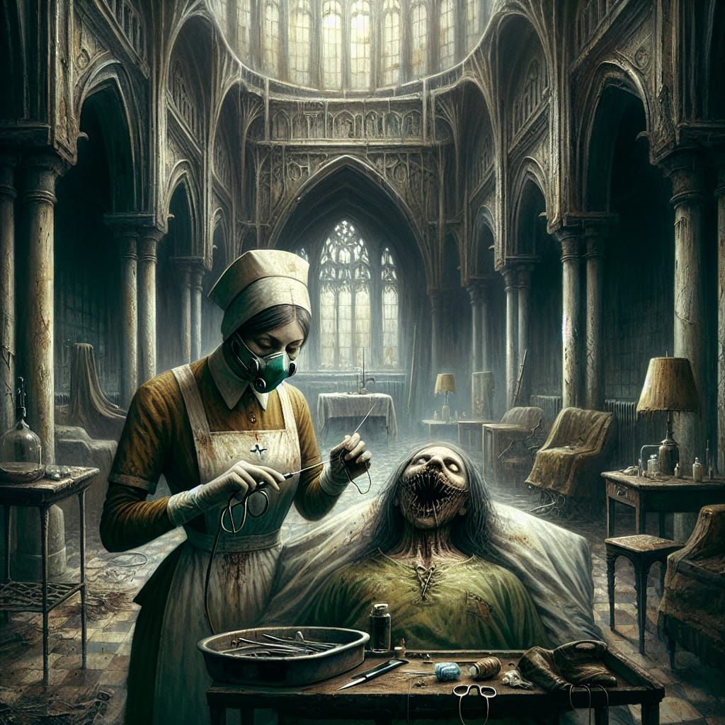 Disturbing Nurse in Abandoned Asylum: Oil Painting