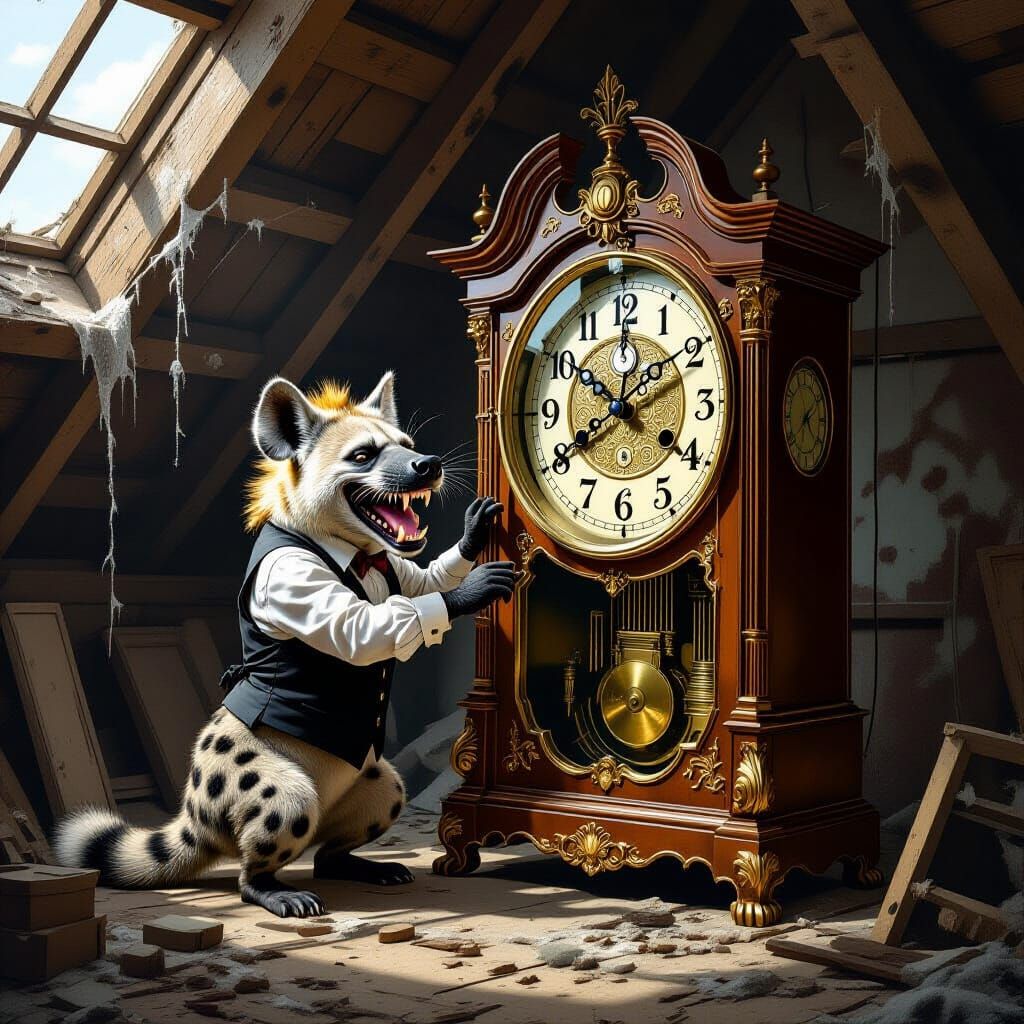 Anthropomorphic Hyena Polishes Melting Clock in Surreal Atti...