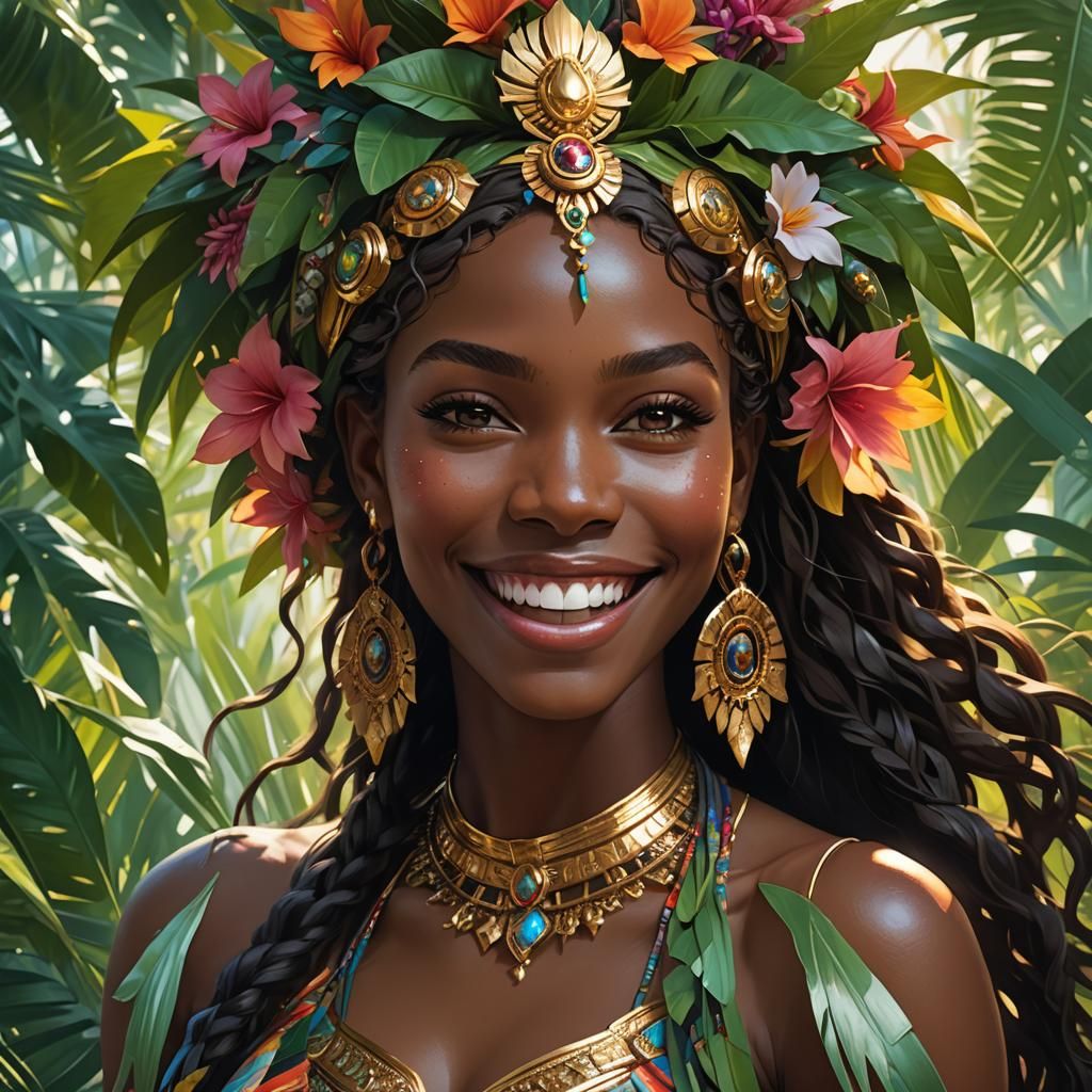 Tropical Island Goddess Portrait in Art Nouveau Style