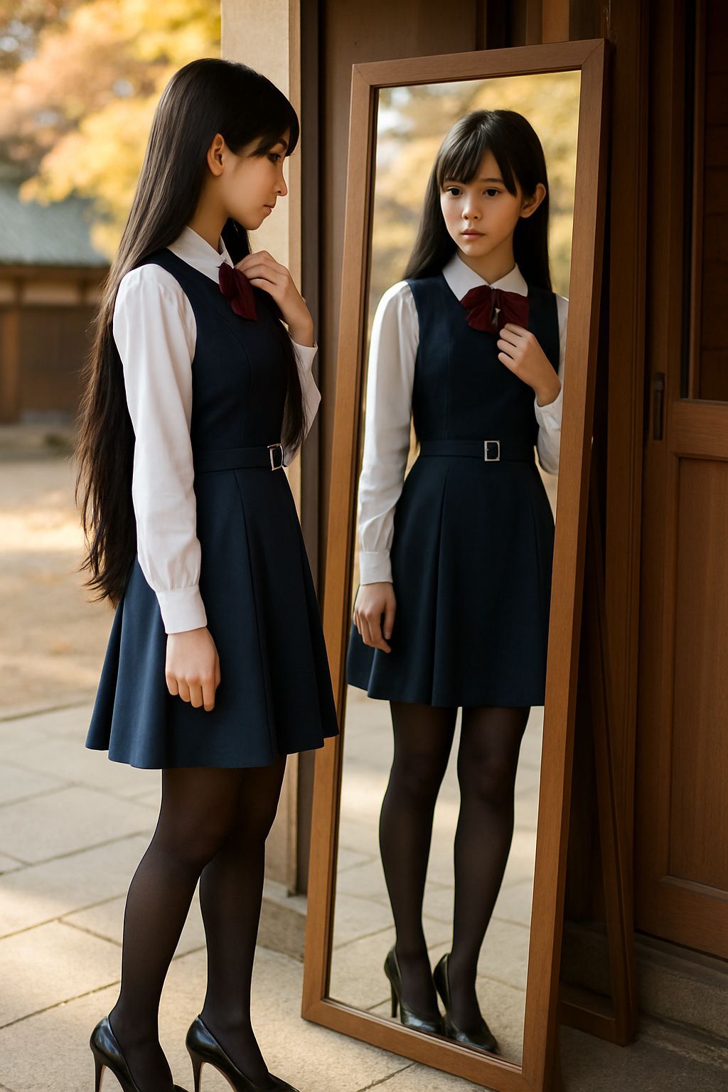 Kaori Reflected in Mirror at Autumn Shrine