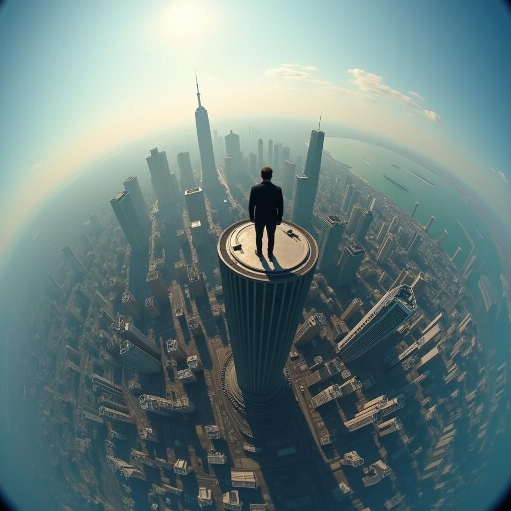 Surreal Panorama of Man on Skyscraper