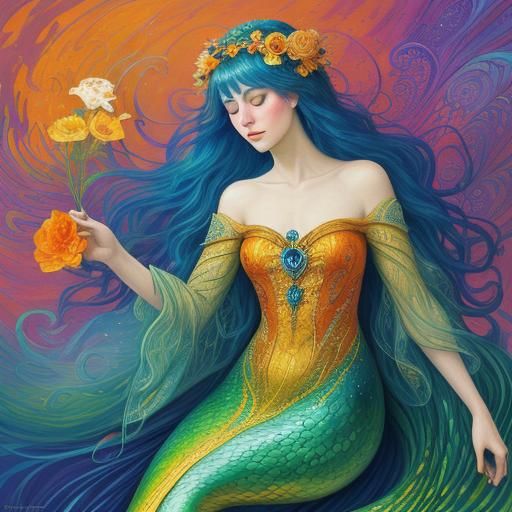 Peacock Mermaid in Abstract Impressionist Style