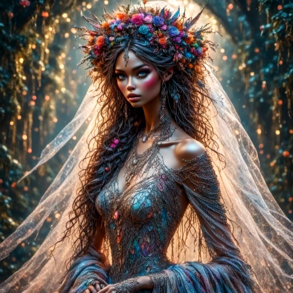 Rainbow Pixie Bride in Haute Couture, Detailed Matte Paintin...