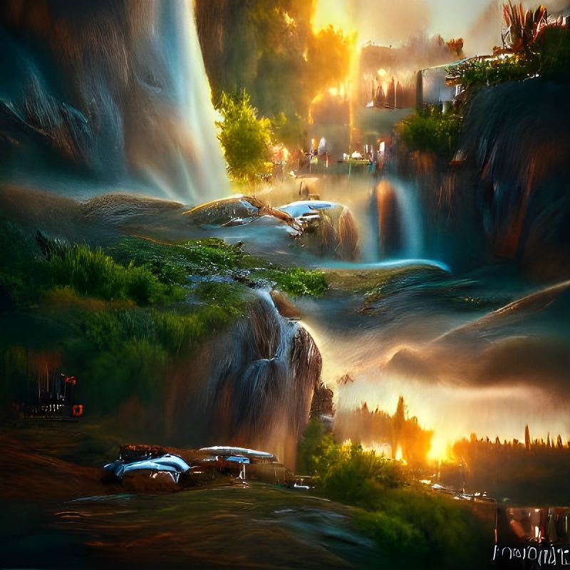 Sunset Waterfall Village: Photorealistic Digital Art