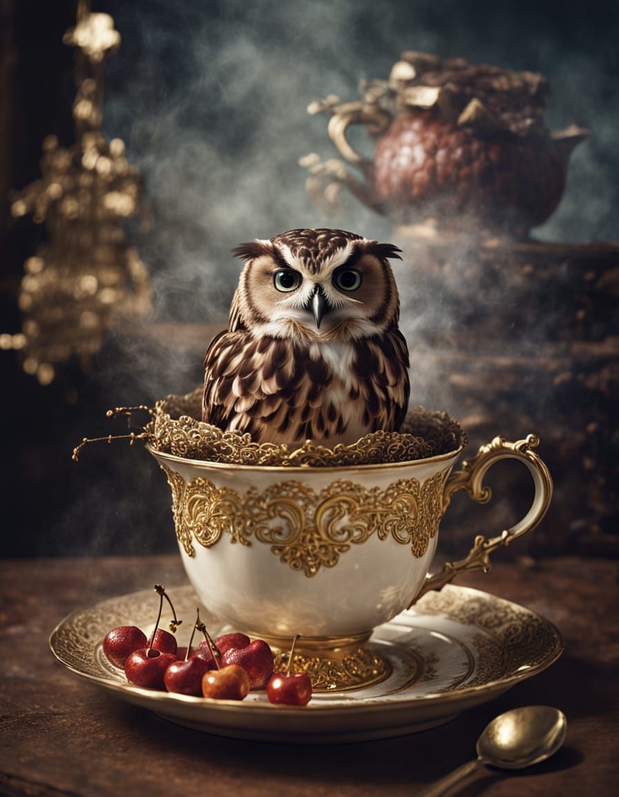 Surreal Owl in Teacup Nesting Over Cherry Pie
