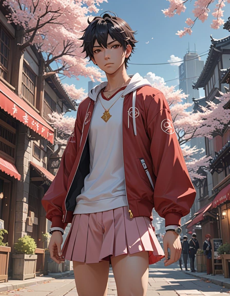 Anime Style Young Man in Red Skirt