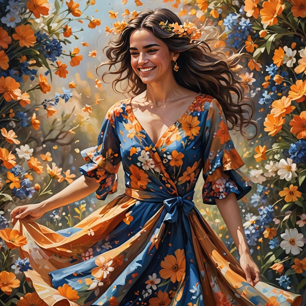 Floral Spanish Beauty in Spring Garden, Impasto Painting