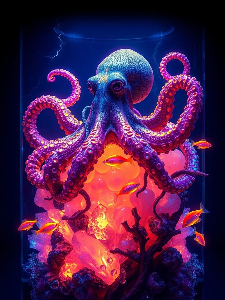 Giant Gilded Octopus with Iridescent Eggs in Crystal Aquariu...
