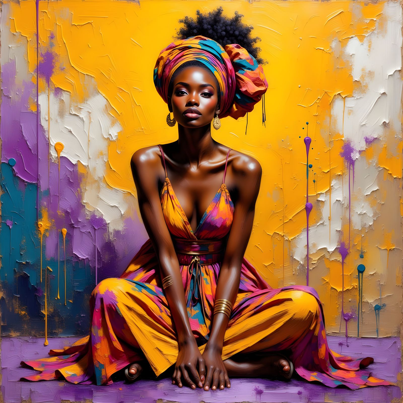 African Woman in Vibrant Oil Painting with Impasto Texture