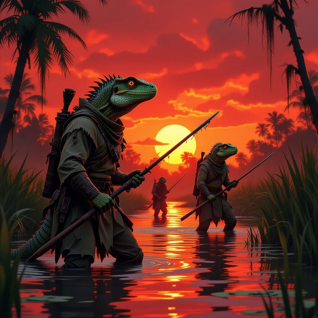 Lizard Men Hunt in a Blood Red Swamp