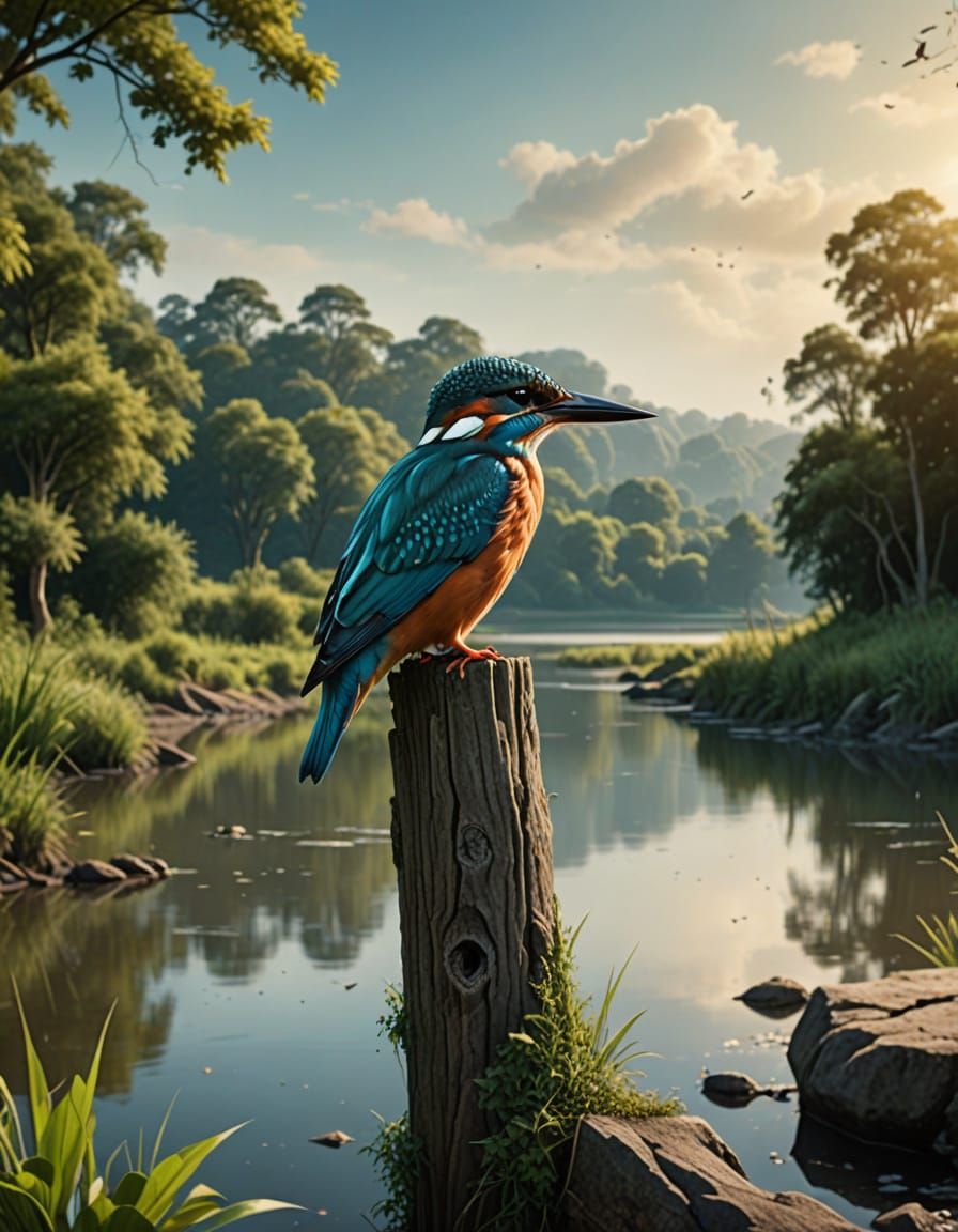 Vibrant Kingfisher Rules Over Serene Riverside Scene