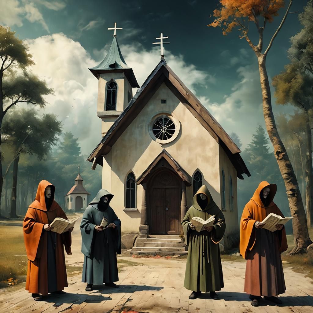 Whimsical Monks Singing in Church, Surreal Art
