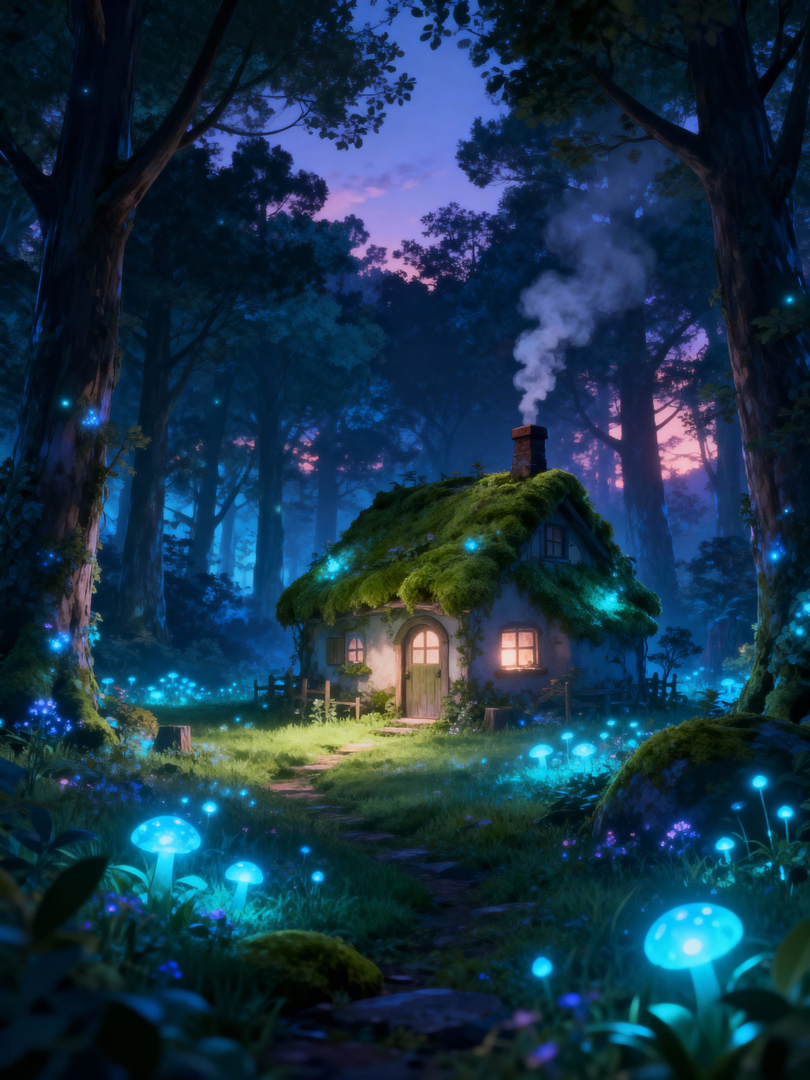 Ethereal 3D anime art style, a glowing forest clearing at tw...