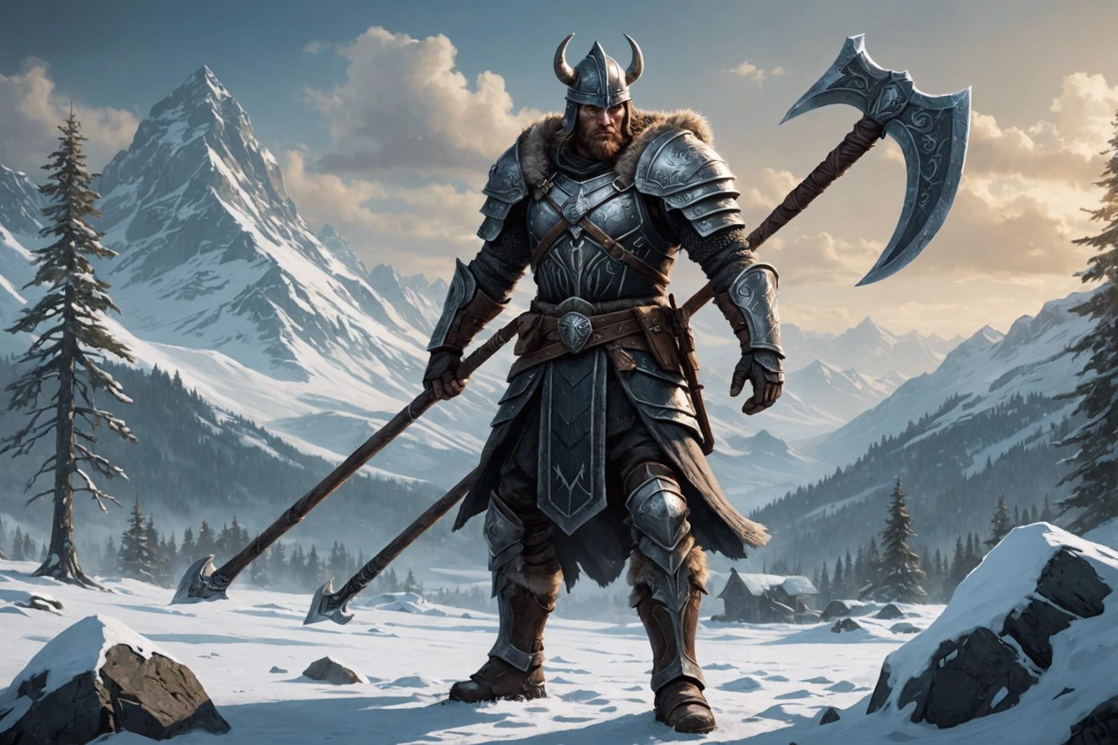 Nordic Warrior in Snowy Landscape, Epic Fantasy Art