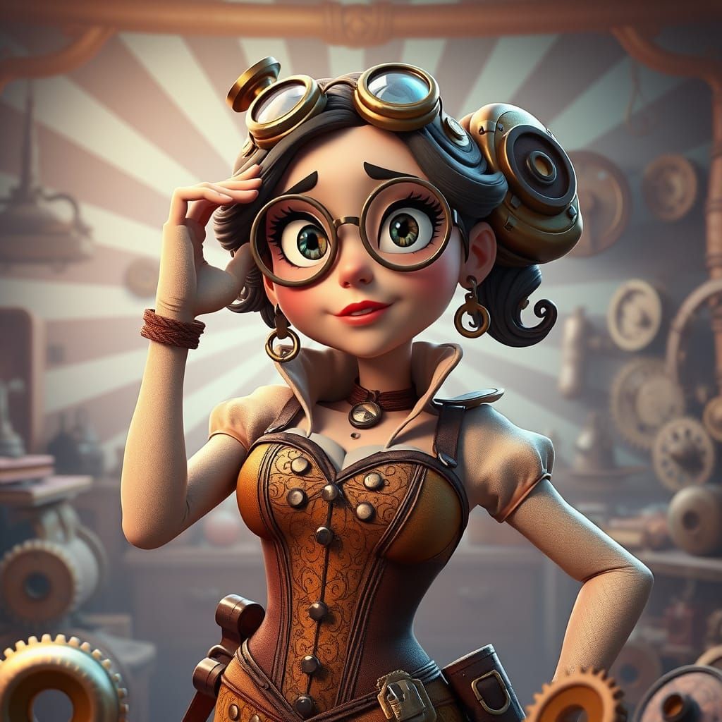 Steampunk Inventor in Pixar-esque 3D Art Style