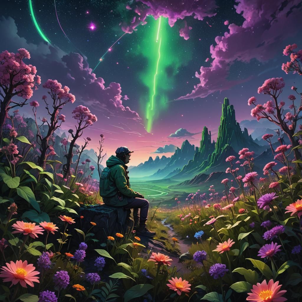 Mystical Figure Surrounded by Neon Flowers