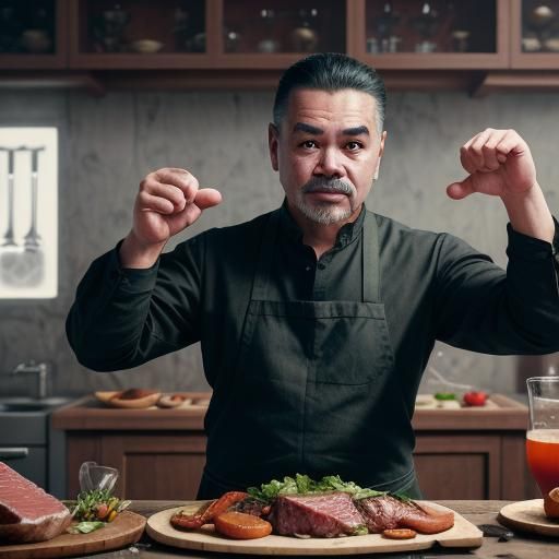 Elderly Salt Bae Sprinkles Meat: Detailed Matte Painting