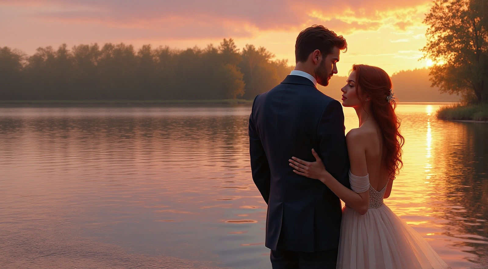 Romantic Sunset Lake Scene with Elegant Couple