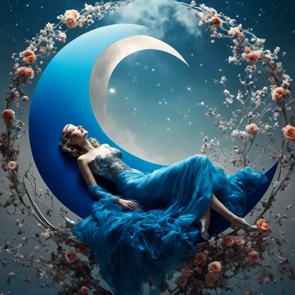 Translucent Woman on Crescent Moon in Silver and Blue
