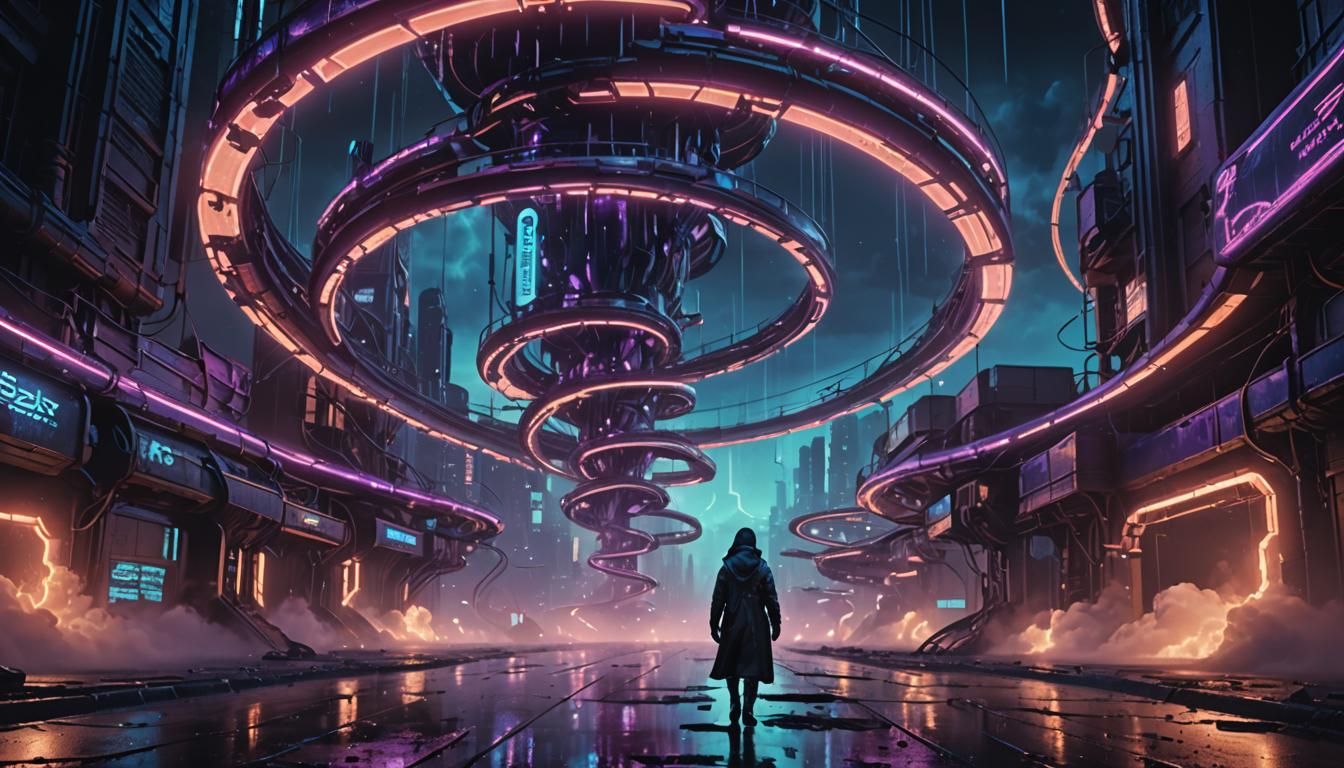 Dystopian City: Lone Figure on Cosmic Cloud Path