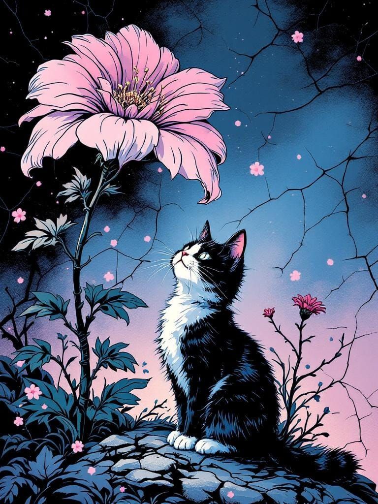 Cat Under Flower in Graphic Pop Art Style