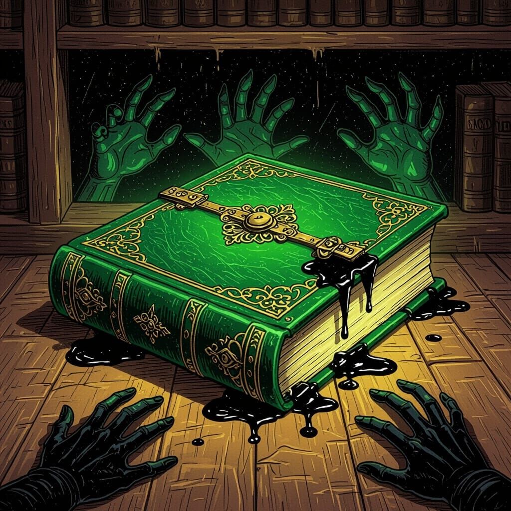 Eerie Glowing Book with Grasping Shadows, Ink Drawing