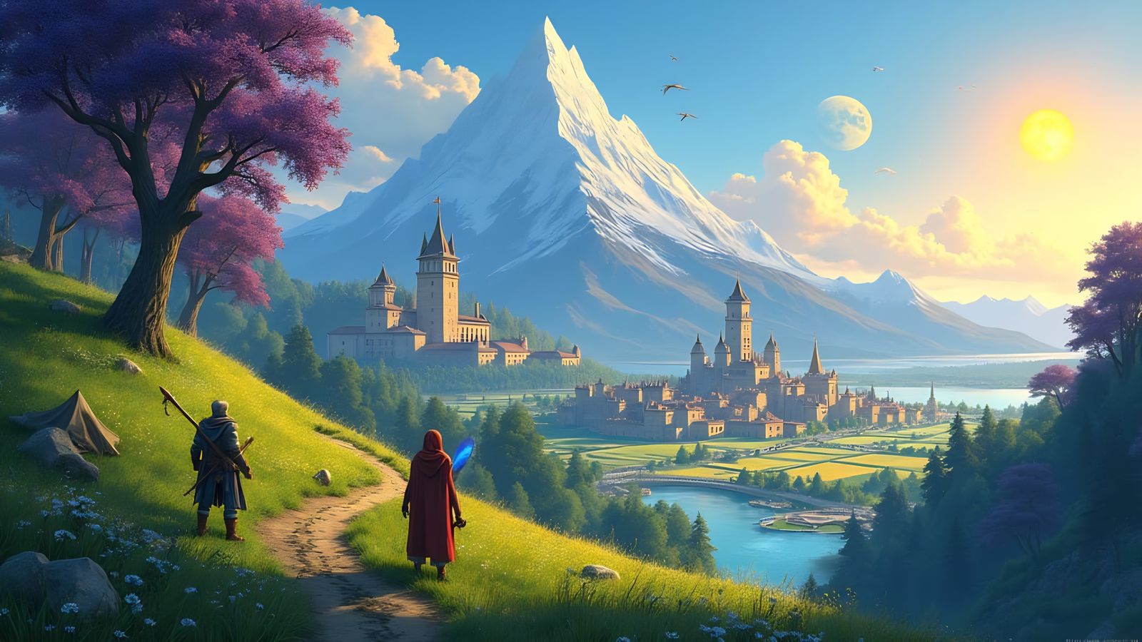 Fantasy World Panorama with Emerald Hills and Ancient Trees