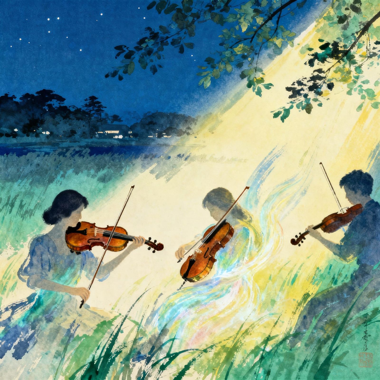 Ethereal Violins on a Summer Night in Yamato-e Style