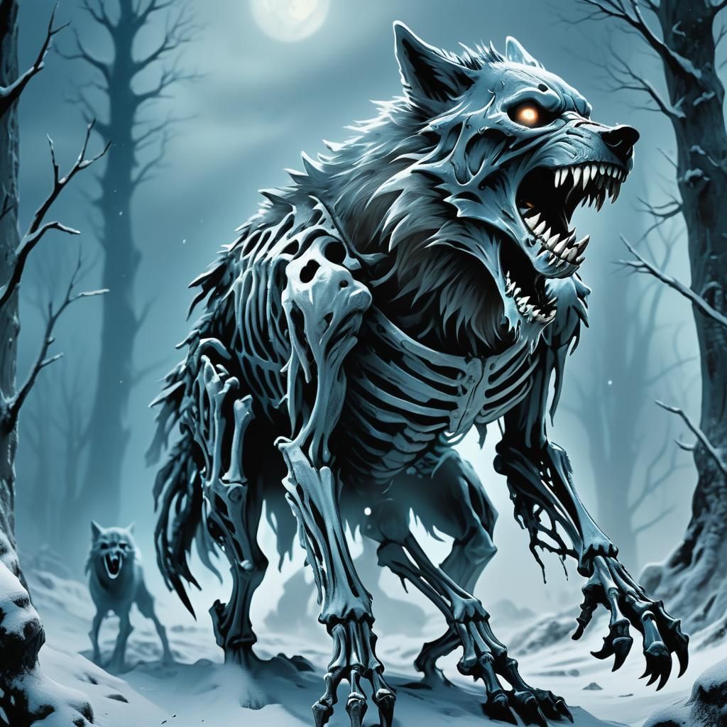 Dark Fantasy Wolf Skeleton Growls in the Snowy Wilderness