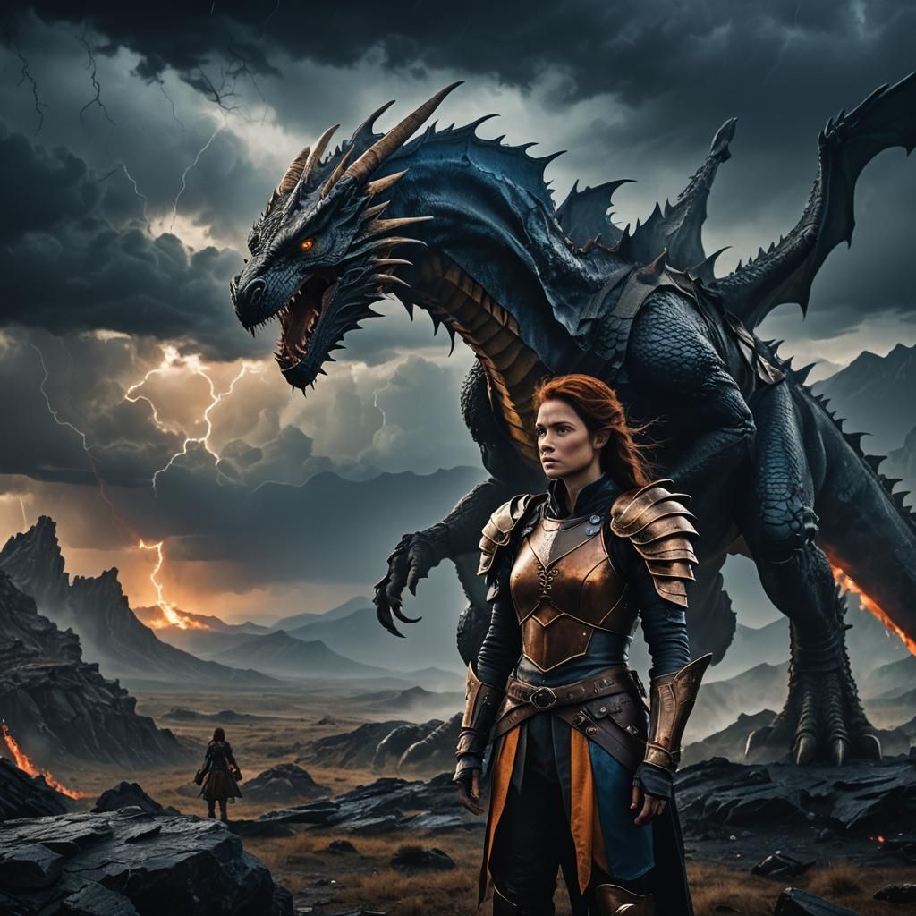 Epic Woman and Dragon in Stormy Landscape