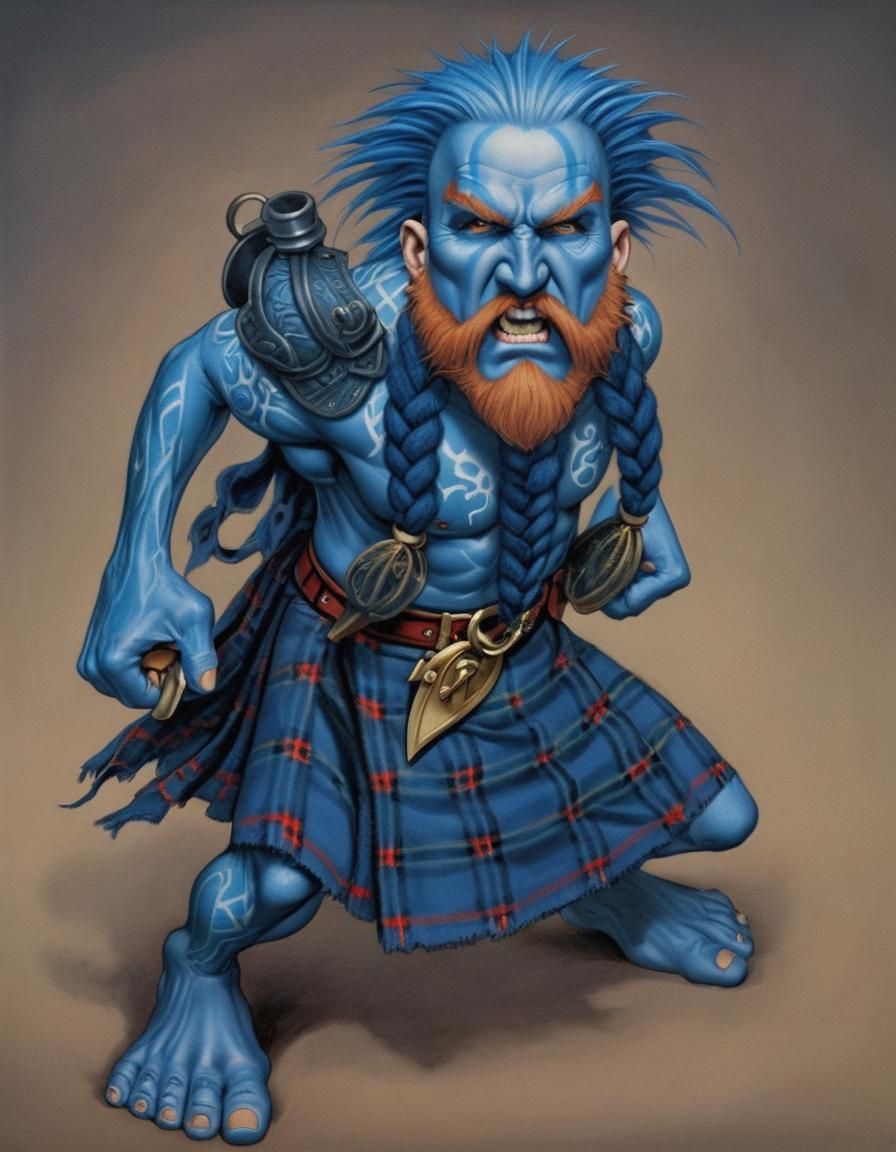 Blue-Tattooed Warriors in Tartan Kilts Clash